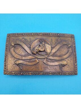 Vintage Brass Horse Head Belt Buckle With Ornate Floral Design Western Style Rec
